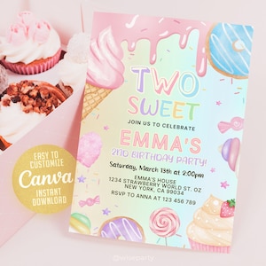 Zwei Süße Geburtstagseinladung 2. Geburtstag Mädchen Donut Einladung Blush Pink Zweijähriges Dessert einladen, 5x7 bearbeitbare Canva Vorlage