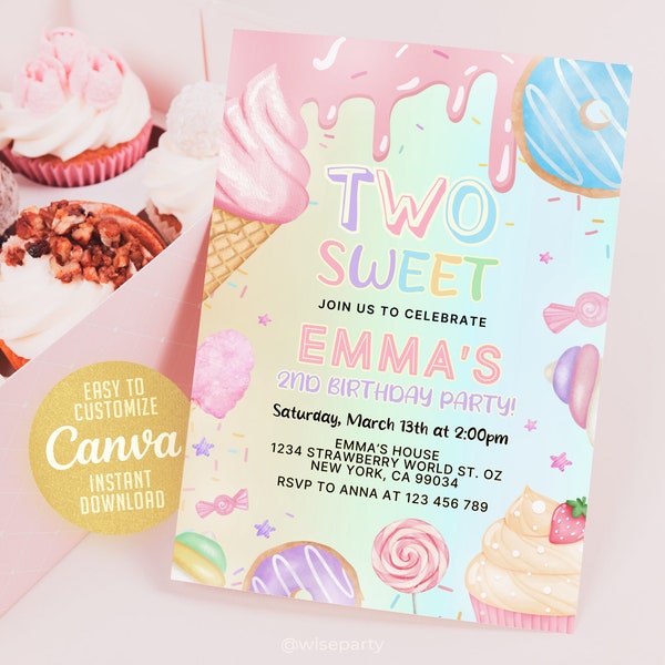 Two Sweet Birthday Invitation 2nd Birthday Girl Donut Invitation Blush Pink Two Year Dessert Invite, 5x7 Editable Canva Template