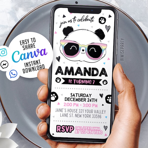 Editable Panda Mobile Invitation Template | Birthday Party Invitations, Digital Kids Party Invite, Instant Download Evite