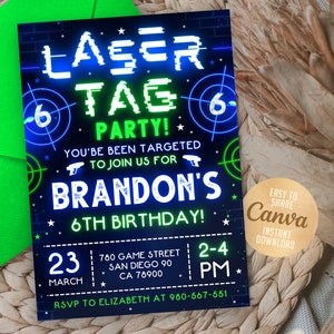 Laser Tag Birthday Invitation, Neon Laser Tag Invite, Glow Laser Tag Party, Blue Green, 5x7 Editable Canva Template WS2401 zdjęcie 2