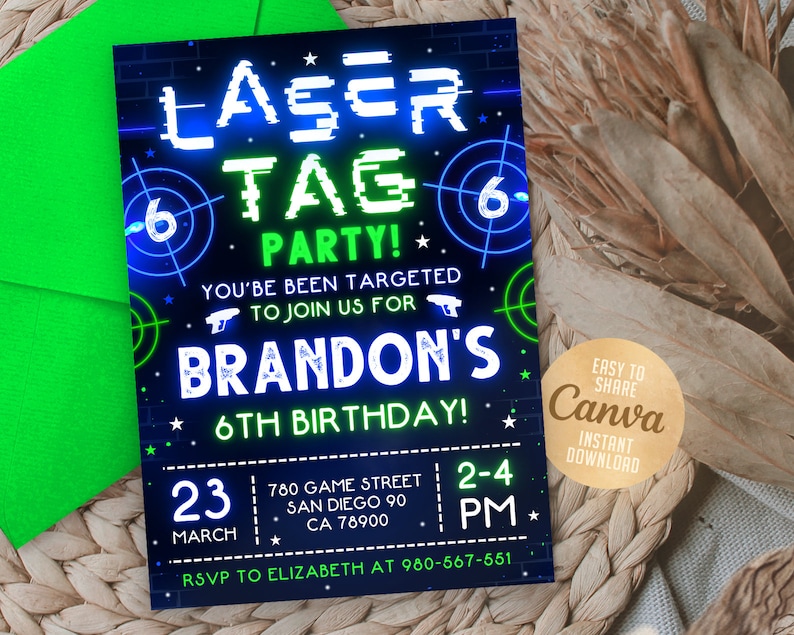 Laser Tag verjaardagsuitnodiging, Neon Laser Tag uitnodigen, Glow Laser Tag Party, blauw groen, 5x7 bewerkbare Canva sjabloon WS2401 afbeelding 2