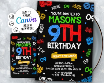 9th Birthday Invitation, Boy Number Theme (Digital Download)
