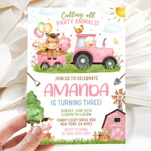 May include: A pink and blue farm-themed birthday invitation for a party celebrating Amanda turning three. The invitation features a pink tractor with farm animals, including a pig, a horse, and a sheep. The text on the invitation reads "Calling all PARTY ANIMALS!" and "JOIN US TO CELEBRATE AMANDA IS TURNING THREE!" with details about the party date, time, and location.