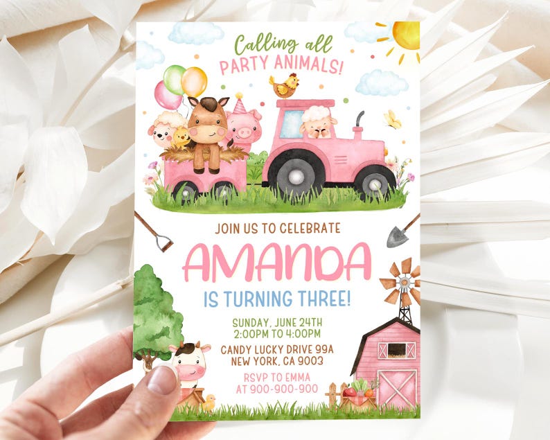 May include: A pink and blue farm-themed birthday invitation for a party celebrating Amanda turning three. The invitation features a pink tractor with farm animals, including a pig, a horse, and a sheep. The text on the invitation reads "Calling all PARTY ANIMALS!" and "JOIN US TO CELEBRATE AMANDA IS TURNING THREE!" with details about the party date, time, and location.