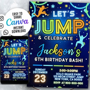 Editable Jump Birthday Party Invitation Trampoline Park Jump Birthday Party Glow Jump Trampoline Party Let&#39;s Jump Party WS0301
