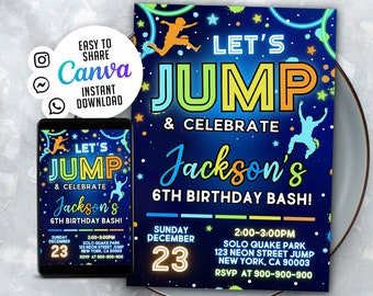 Trampoline Park Birthday Invitation, Glow Jump Party (Digital Download)
