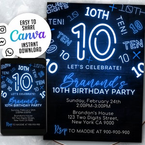 Invito per il decimo compleanno al neon, invito per il compleanno del ragazzo, modello Canva modificabile 5x7 LT02