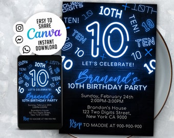 10Th Neon Birthday Invitation, Boy Birthday Invitation, 5x7 Editable Canva Template LT02