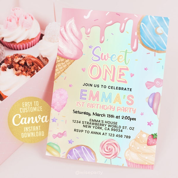 Sweet One Birthday Invitation Pastel Sweets Invite Donut Candy Ice cream Cupcake 1st Birthday Dessert, 5x7 Editable Canva Template