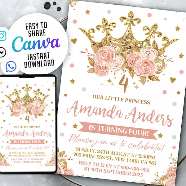 Prinzessin Krone Geburtstagseinladung, Blush Pink Gold Floral Royal, 5x7 Canva Template, NSW154