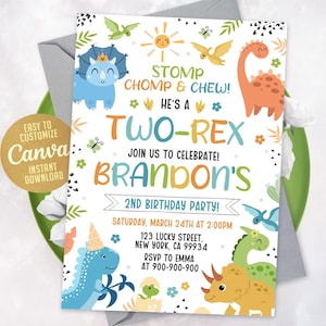 Dinosaur 2nd Birthday Invitation Two Rex T-Rex Party Invite Canva Editable Template Boy, WS240801