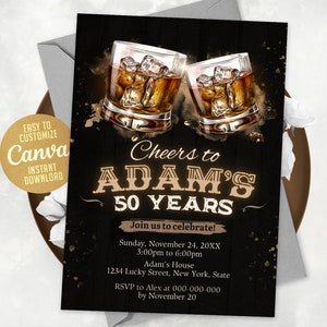 Whiskey Birthday Invitation, Editable Adult Men Birthday Invite, 30th 40th 50th Any Age, Canva Editable Template 24081