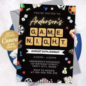 Einladung zu Spieleabend, Einladung zur Familienspielenacht, Hausparty, bearbeitbare Canva Vorlage WS240801
