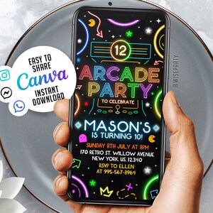 Mobile Arcade Birthday Party Invitation, Gaming arcade birthday party neon, Canva 5x7 NSW109