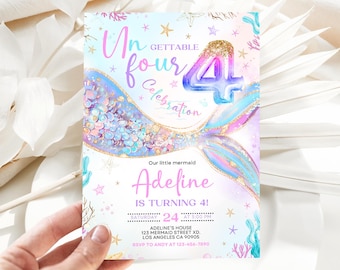 Mermaid 4th Birthday Invitation, Editable Canva Template (Digital Download)