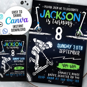 Editable Scooter Skating Birthday Invitation Template, Printable Birthday Party Invitations, 5x7 Canva Template, NSW158