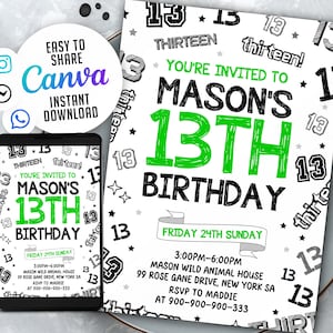 13Th Boy Birthday Invitation, Editable Template, 13 Bday Invites, 4009