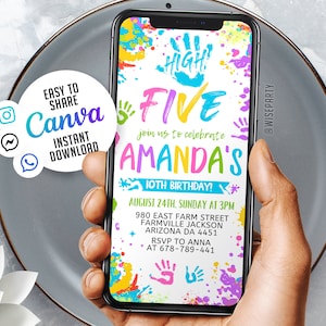 Mobile Girl High Five Invitation, Editable Confetti 5th Birthday Invite Download, Boy Fifth Birthday Invitation, Canva 5x7 Template x1