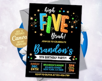 High Five Bruh 5th Birthday Invitation, Boy, Canva Template (Digital Download)