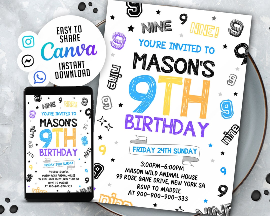9th Boy Birthday Invitation, Boy Birthday Invites, Instant Download Boy ...