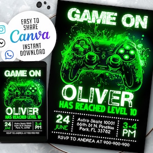 Editable Video Game Party Invitation, Level Up Birthday Invite, Gamer Boy Template, Arcade Party, 5x7 Canva WS2402
