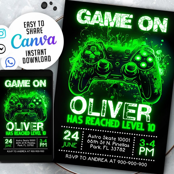 Invitación editable a fiesta de videojuegos, invitación de cumpleaños para subir de nivel, plantilla de Gamer Boy, fiesta arcade, 5x7 Canva WS2402