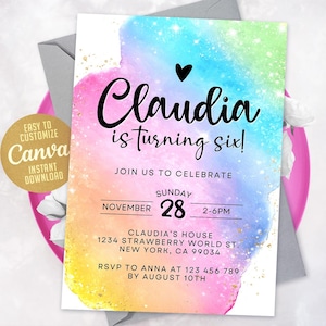 Rainbow Birthday Invitation, Pastel Rainbow Invitation, Colorful Girl Birthday Invitation, Canva Editable Template 24082