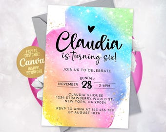 Pastel Rainbow Birthday Invitation, Editable Canva Template (Digital Download)