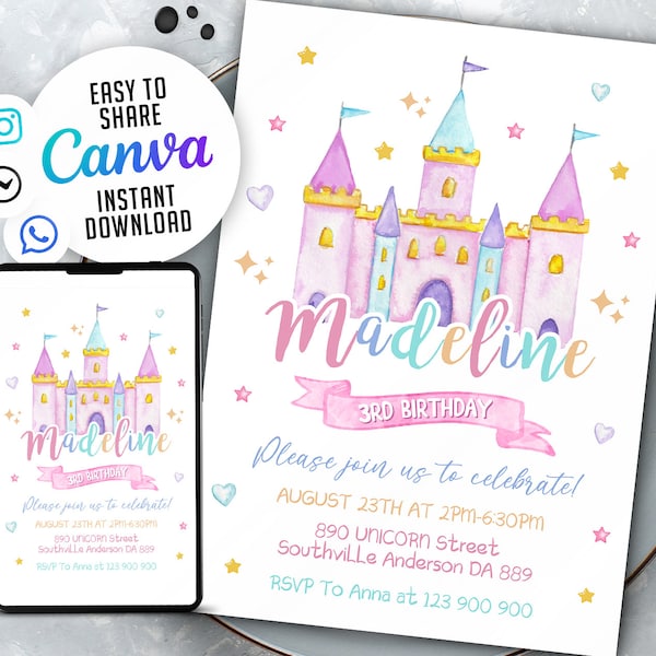 Princess Castel Birthday Invitation, Princess Invitation, 3rd birthday invitation, 5x7 Editable Canva Template NSW1