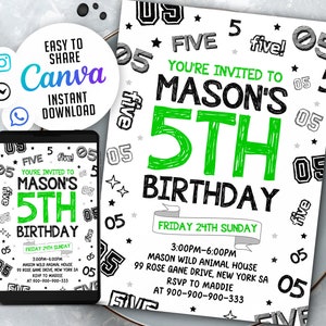 Invitation d’anniversaire du 5ème garçon, invitations d’anniversaire de garçon, invitations de numéro de garçon à téléchargement instantané, 3009