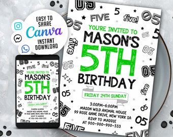 5th Birthday Invitation, Boy Number Theme (Digital Download)