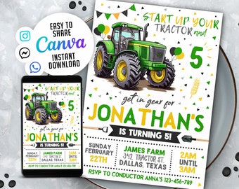 Editable Tractor Birthday Invitation, Tractor Invitation, 5x7 Editable Canva Template