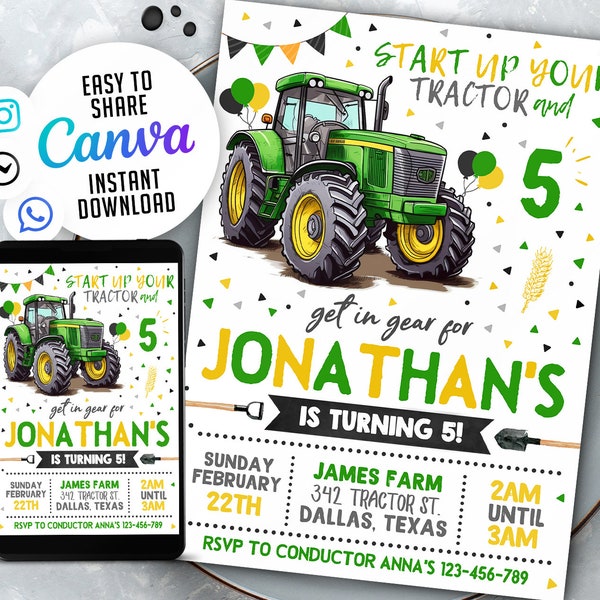 Editable Tractor Birthday Invitation, Tractor Invitation, 5x7 Editable Canva Template