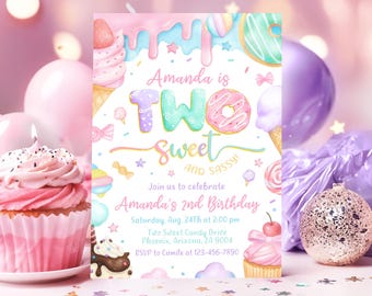 Two Sweet Birthday Invitation, Candy Ice Cream Donut Theme (Digital Download)
