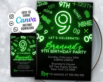 9Th Neon Birthday Invitation, Boy Birthday Invitation, 5x7 Editable Canva Template