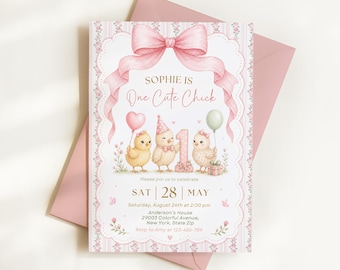 May include: A rectangular invitation card featuring a large pink bow at the top, three illustrated chicks, and the text "SOPHIE IS One Cute Chick". The design includes a pink floral border, balloons, a number one, and event details.