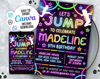 Editable Glow Jump Birthday Invitation, Trampoline Party (Digital Download)