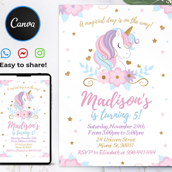 Unicorn Birthday Invitation, Cute Unicorn Invite Template, Instant Download, 5x7 Editable Canva Template, ST2