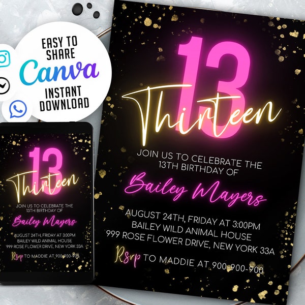 13Th Birthday Invitation for girl, Gold Glitter Pink Neon, Editable Template, 13 Bday Invites, NSW67
