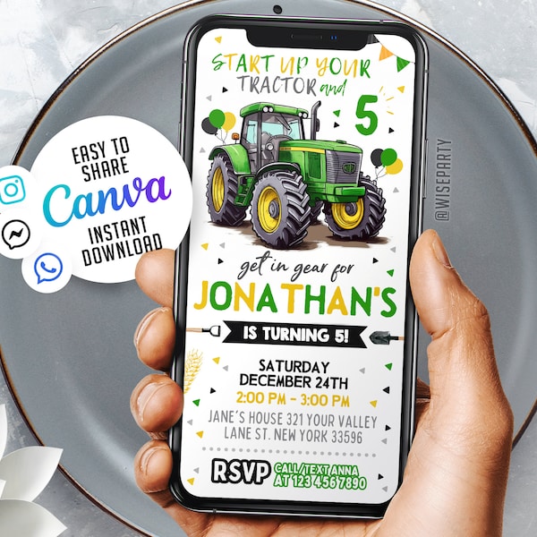 Editable Tractor Mobile Invitation Template | Mobile Birthday Invitation, Digital Kids Party Invite, Instant Download Evite