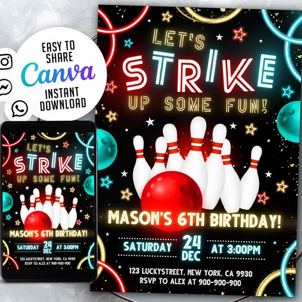 EDITABLE Bowling Party Invitation, Editable Bowling Birthday Invitation, Kids Bowling Invitation, Let's Strike Up Some Fun, 5x7 Canva WS2401