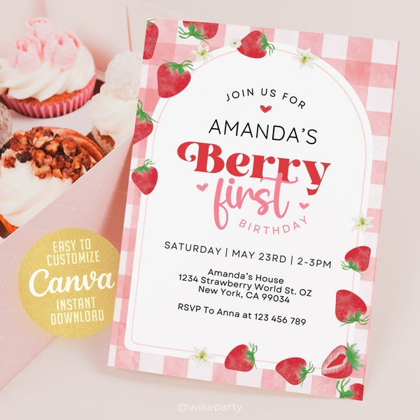 Berry First Birthday Invitation Template, Berry First Birthday Invitation, Berry First Birthday Invitation, Canva WS241