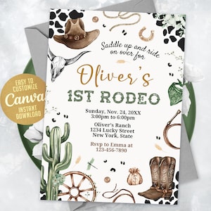 First Rodeo Invitation Template, Wild West Birthday Invite, Boy Cowboy Birthday Invitation, My 1st Rodeo Invitation, 5x7 Canva WS2403