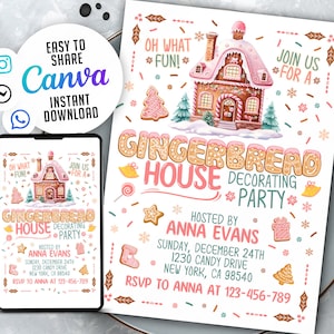 Lebkuchenhaus Dekoration Party-Einladung, Urlaubsparty, Weihnachtsfeier-Einladung, 5x7 bearbeitbare Canva-Vorlage V3