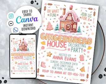Gingerbread House Decorating Party Invitation, Holiday Party, Christmas Party Invitation, 5x7 Editable Canva Template V3