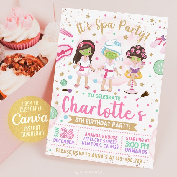 Invitation à une fête au spa MODIFIABLE, modèle d’invitation à une fête Pamper, anniversaire de manucure et de pédicure, Canva 5x7, WS2402