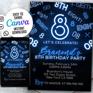 Invitation d'anniversaire néon du 8e anniversaire, faire-part d'anniversaire garçon, modèle 02 de toile modifiable de 5 x 7