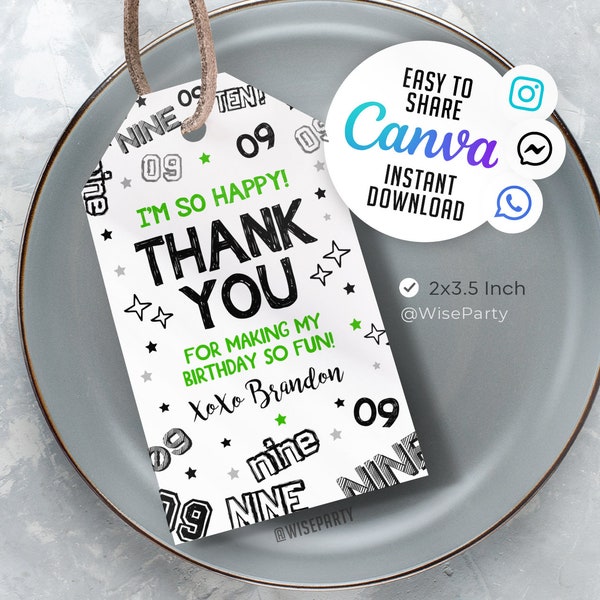 Editable Boy 9Th Tag, Boy Thank you tag, Boy Favor Tag, Canva Template