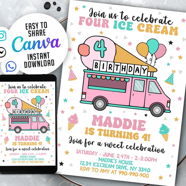 Ice Cream Truck Birthday Invitation, Four Ice Cream 4th Birthday Party Invite Instant Download, Canva Editable 5x7 Template, NSW78