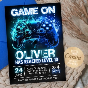 Editable Video Game Party Invitation, Level Up Birthday Invite, Gamer Boy Template, Arcade Party, 5x7 Canva WS2401 image 2